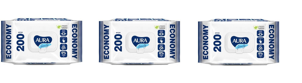 Влажные салфетки для всей семьи Aura (Аура) Family, с крышкой, 200шт х 3уп  #1