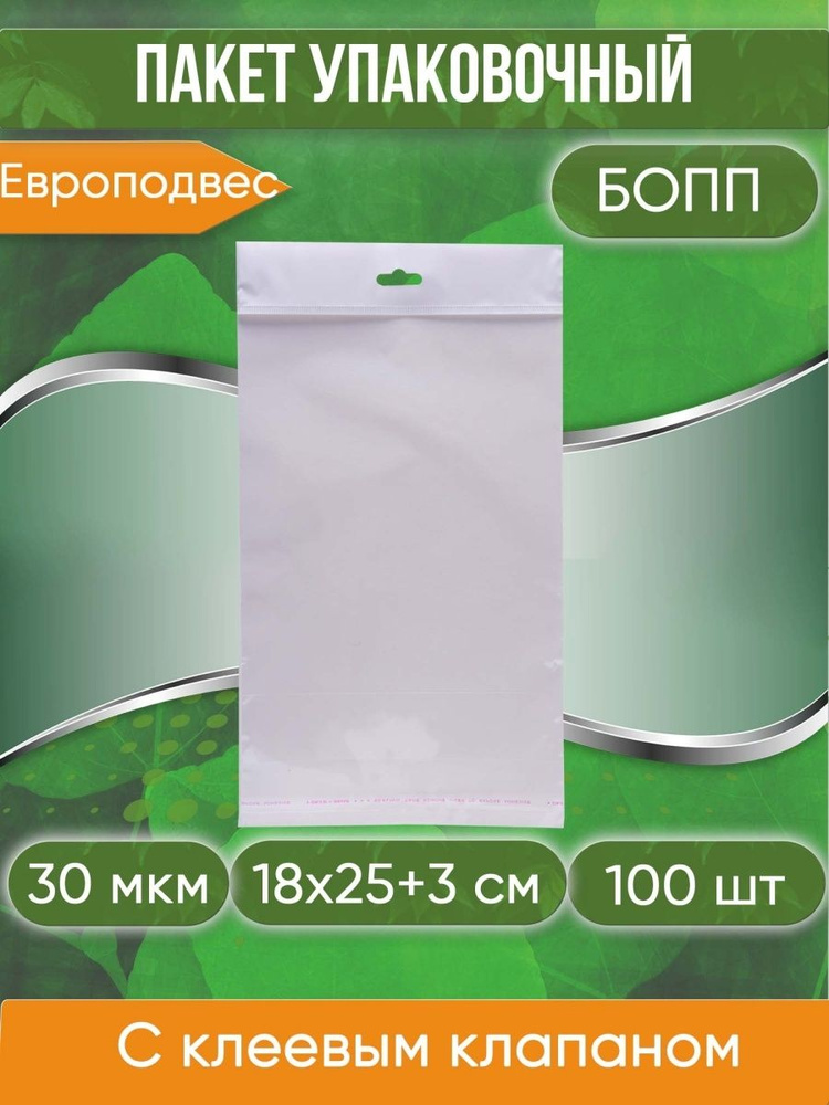 Пакет упаковочный БОПП с клеевым клапаном, 18х25+3 см, с европодвесом, 30 мкм, 100 шт  #1