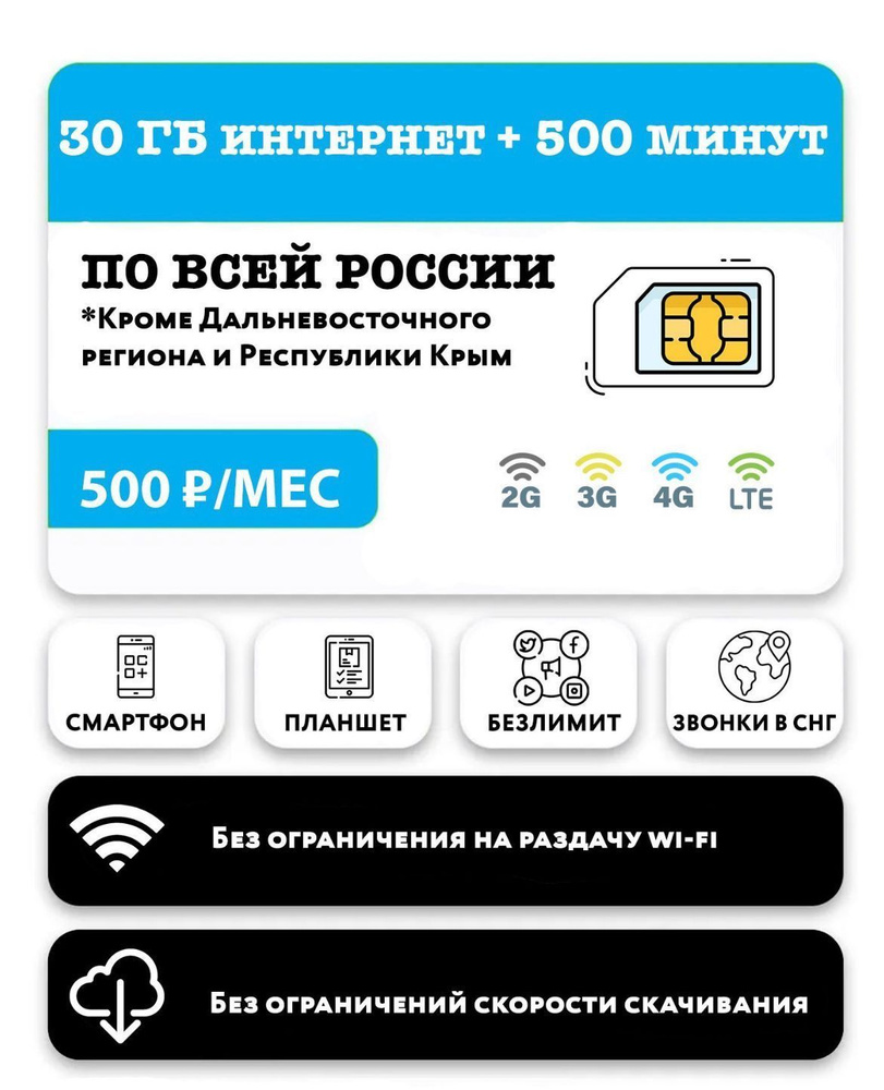 SIM-карта Тариф для планшета, с 500 минут + 30 гб интернета 3G/4G/LTE +  звонки в СНГ за 500 руб/мес (смартфоны) + в тариф включена раздача (Вся  Россия) - купить с доставкой по