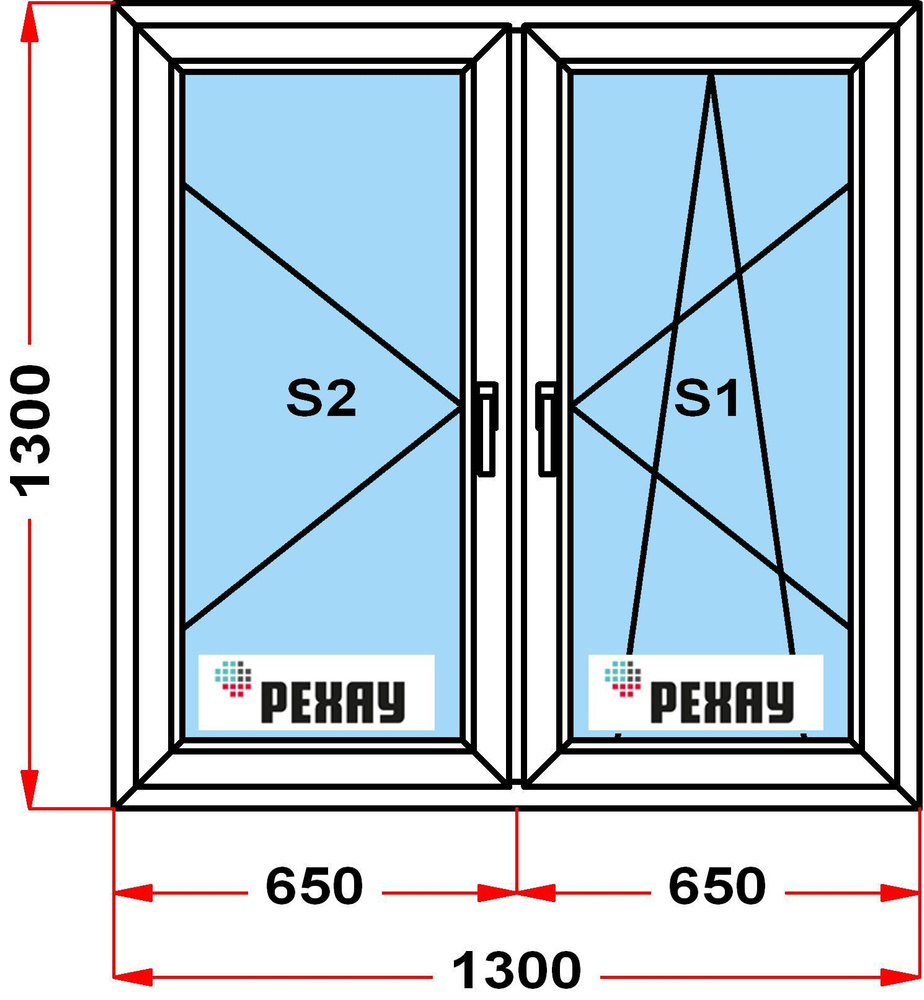 Окно пластиковое, профиль РЕХАУ BLITZ (1300 x 1300), левая створка поворотная, правая поворотно-откидная, #1