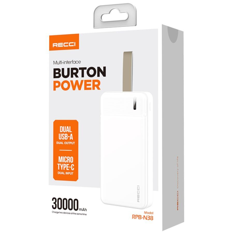 RECCI Внешний аккумулятор RPB-N38 Power Burton 30000мАч, 2 x USB, 2.1A, 30000 мАч, белый  #1