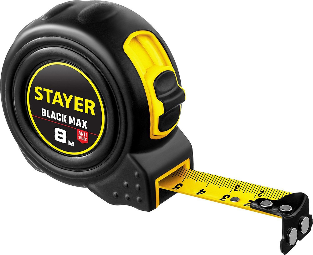 Рулетка Stayer Black Max 8м х 25мм в ударостойком полностью обрезиненном корпусе и двумя фиксаторами #1