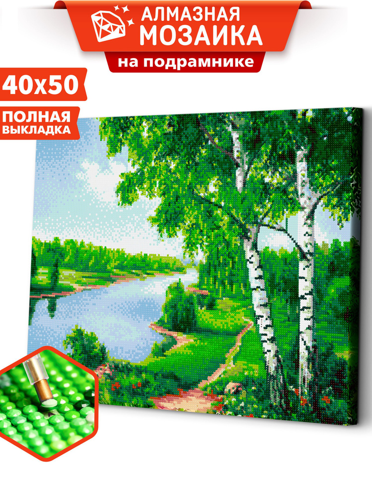 Алмазная мозаика 40х50 холст с подрамником картина стразами, "Березы у реки"  #1