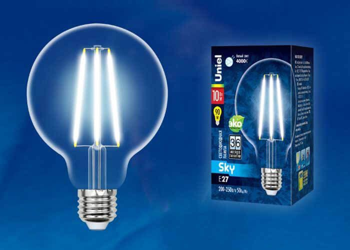 Лампа светодиодная филаментная E27 10W 4000K прозрачная, Uniel #1