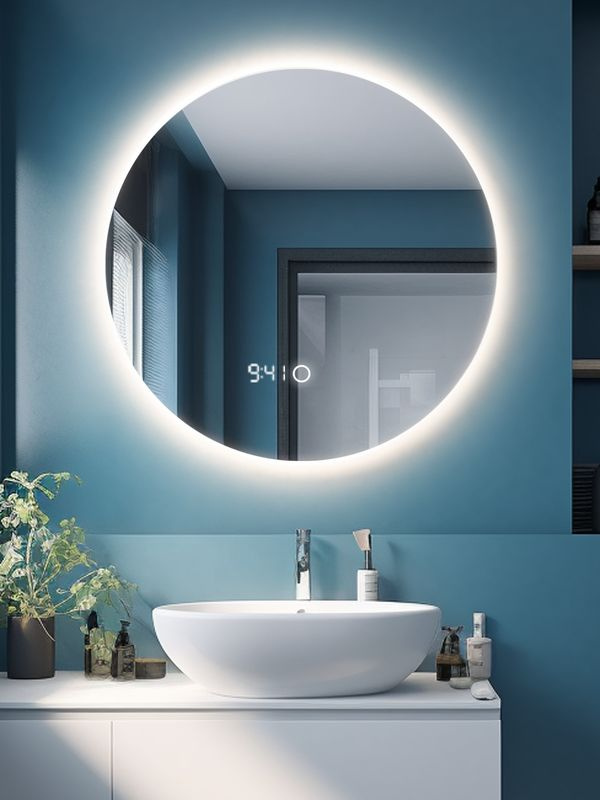 Зеркало круглое D65 для ванной с холодной LED-подсветкой с часами и антизапотеванием  #1