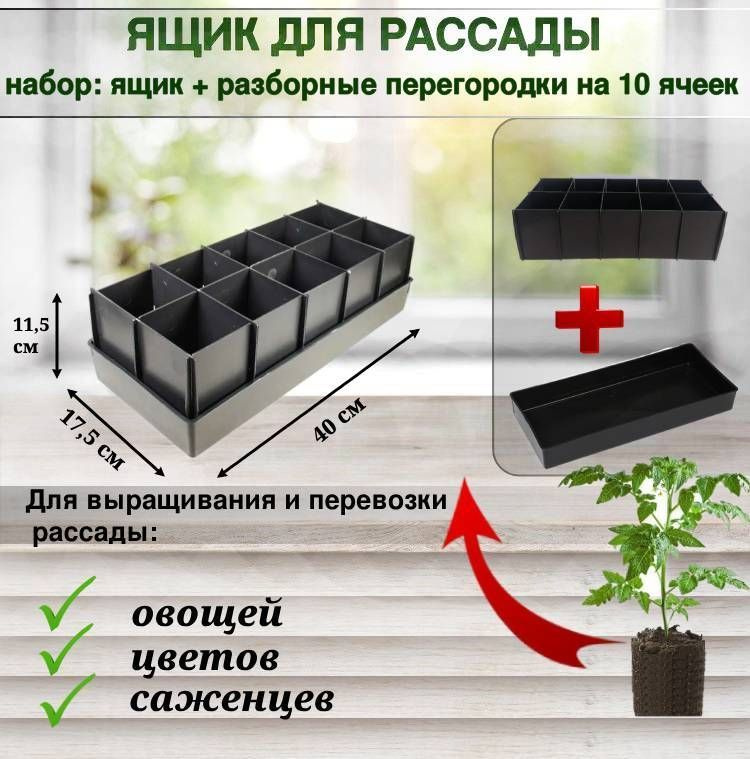 Ящик для рассады "П10" (поддон и 10 разборных ячеек по 500 мл). Черный.  #1