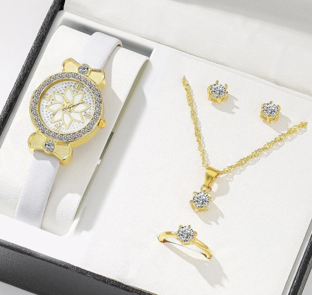 Комплект - кварцевые наручные часы с циферблатом, серьги, ожрелье, кольцо/ модные стильные часы женские/ #1