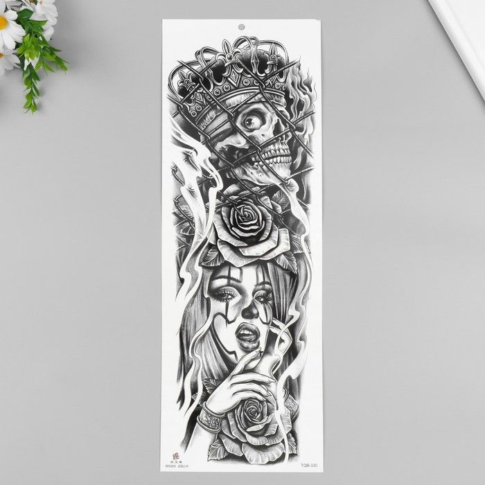 Татуировка на тело черная "Череп с короной и девушка" 48х17 см  #1