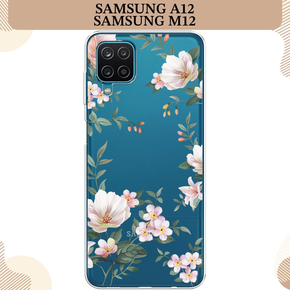 Силиконовый чехол на Samsung Galaxy A12/M12 / Самсунг А 12/М12 Beautiful white flowers, прозрачный  #1