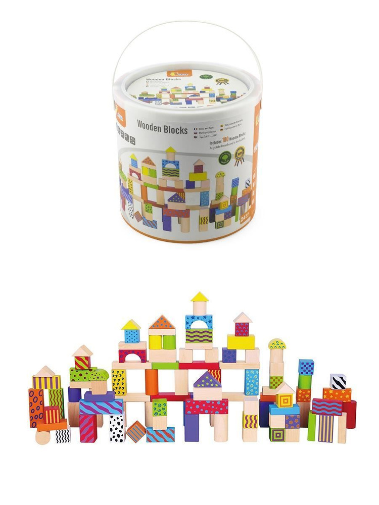 Конструктор Набор кубиков Узорчатые блоки цветной 100 деталей (дерево) Viga, 59696  #1
