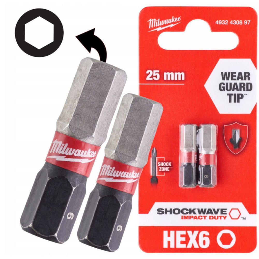 Hex H6x25мм (2шт) Бита для шуруповёрта ударная Shockwave MILWAUKEE #1