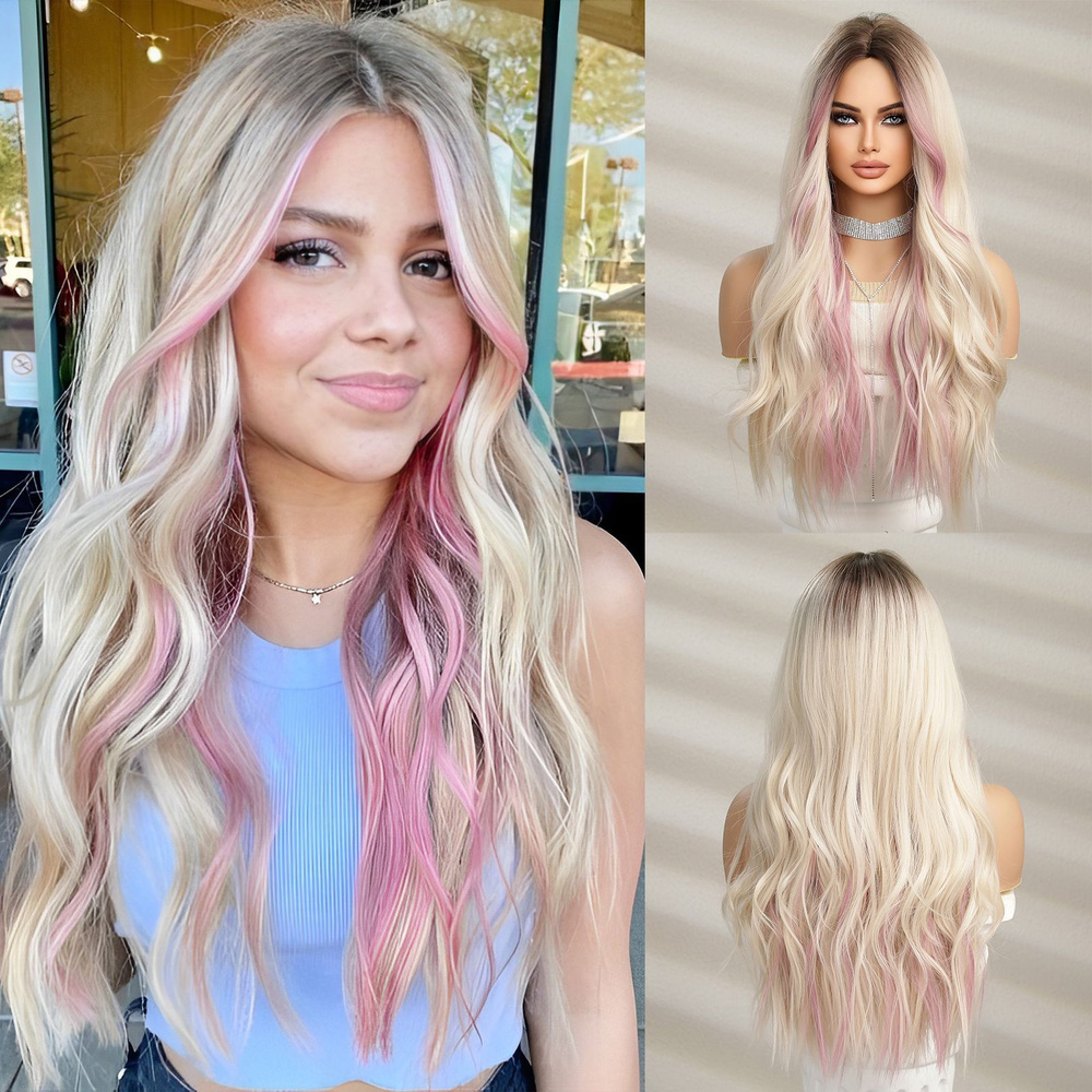 Парик женский, длинными волнистые волосы с розовыми прядями, блондинка, искусственные волосы  #1
