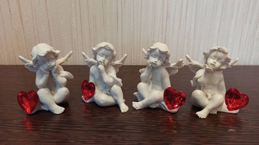 Набор статуэток сувенир из полистоуна "Ангелочек с красным сердцем", высота 7см (4шт в наборе)  #1