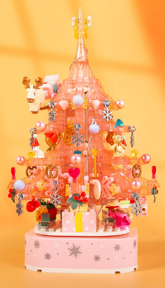 Детский развивающий конструктор блочный " Новогодняя елка - музыкальная шкатулка" - 675 деталей Розовая #1