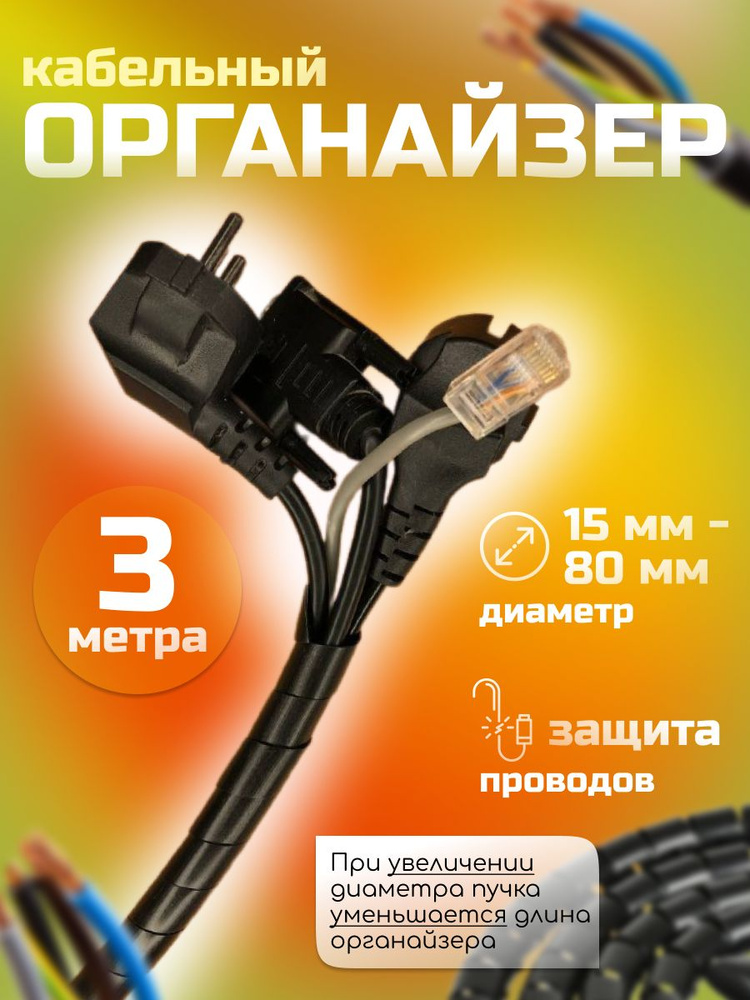 Спиральная обмотка проводки, оплетка для проводов 3 метра ,d 15-80mm ...