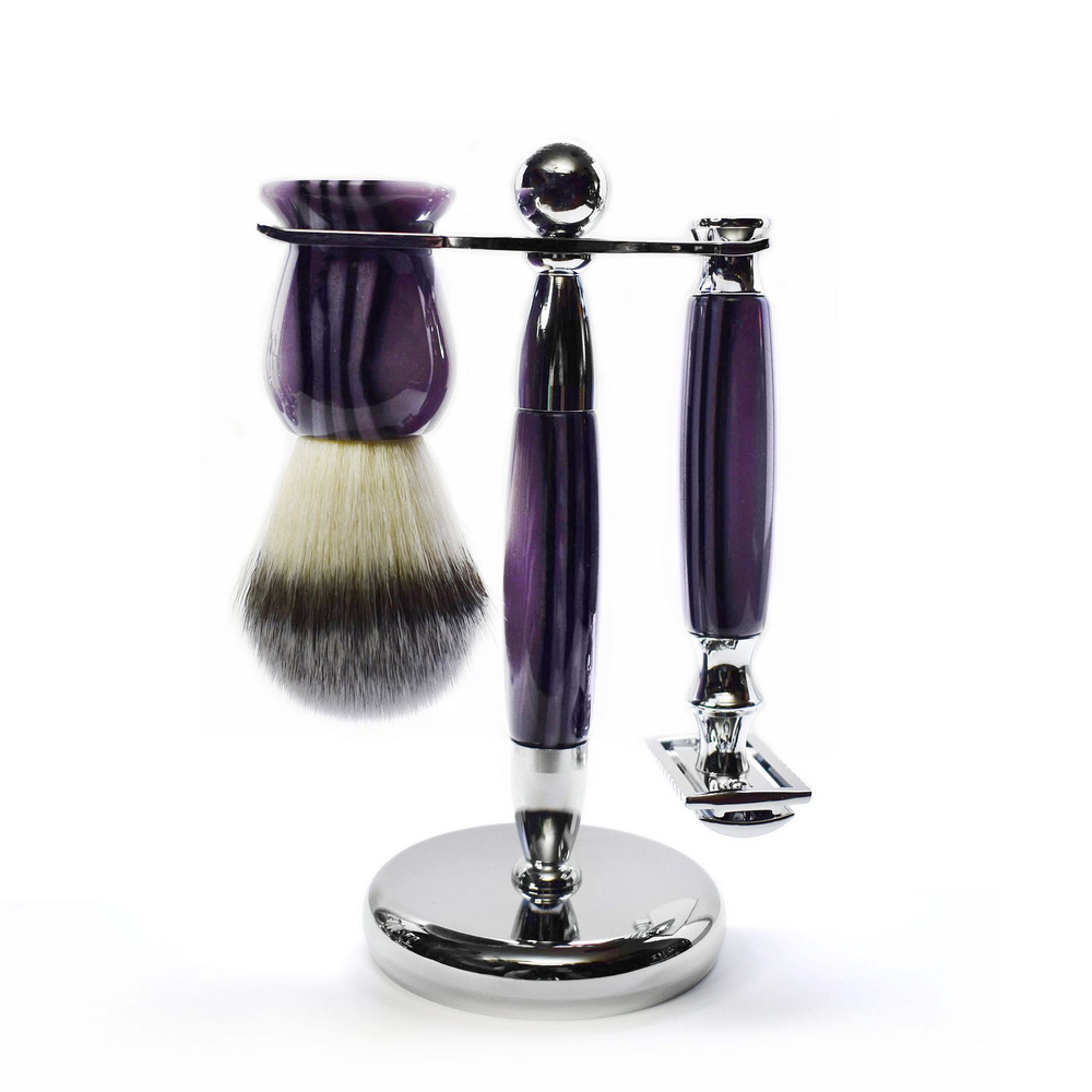 Мужской набор для бритья Premium фиолетовый: бритвенный станок, помазок, подставка  #1