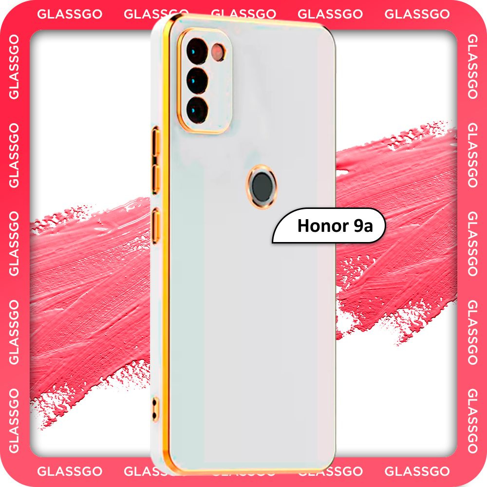 Чехол противоударный с глянцевой однотонной поверхностью и золотой рамкой на Huawei Honor 9A, на Хуавей #1