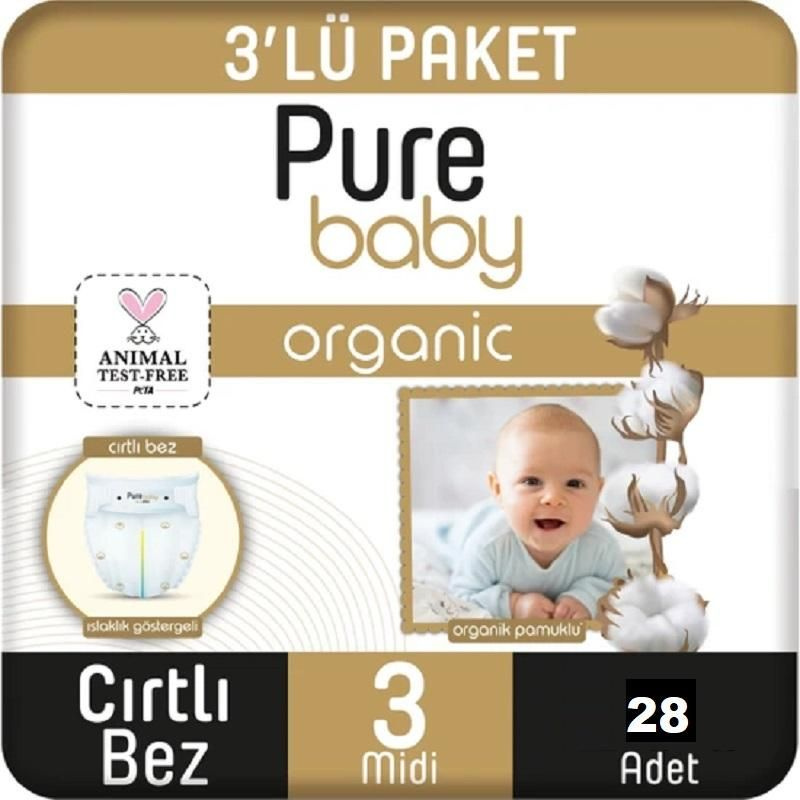 Детские подгузники PURE BABY ORGANIC MIDI BABY DIAPER NO.3 (4-19 кг) 28 шт #1