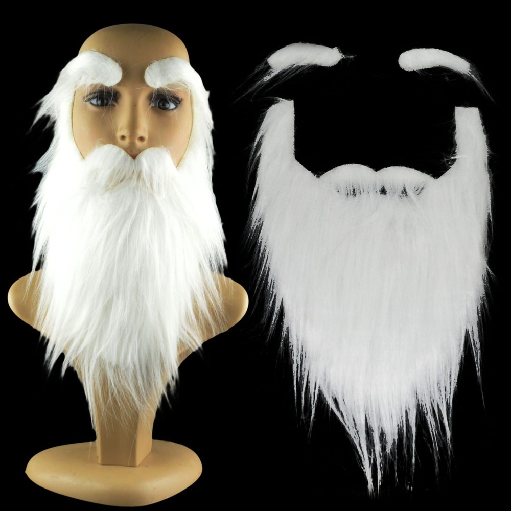Карнавальная борода белая на резинке с бровями деда мороза/ волшебника  #1