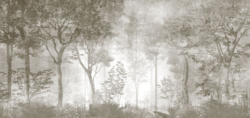 Фотообои флизелиновые на стену 3д GrandPik 10306 Лофт "Лес, деревья в тумане, винтаж,", 500х240 см(Ширина #1