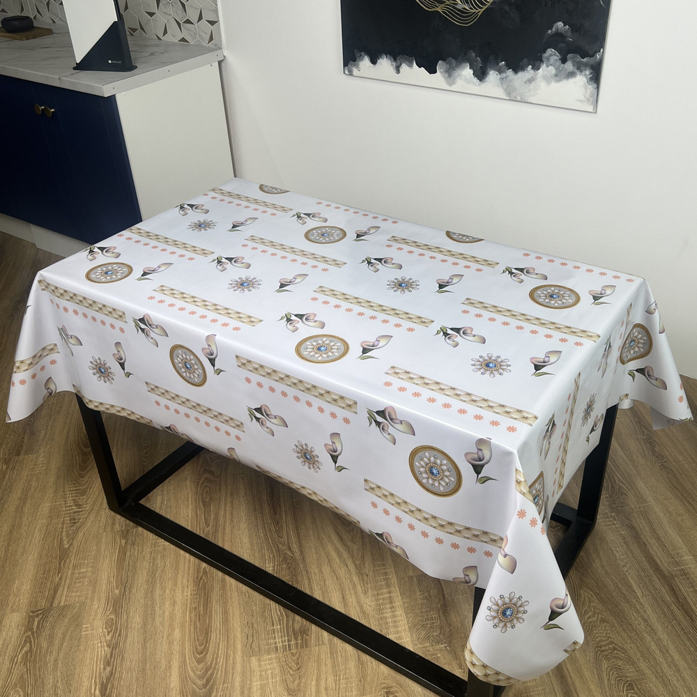 Скатерть на стол водоотталкивающая, праздничная клеенка на кухню тканевая основа, размер 120*140  #1