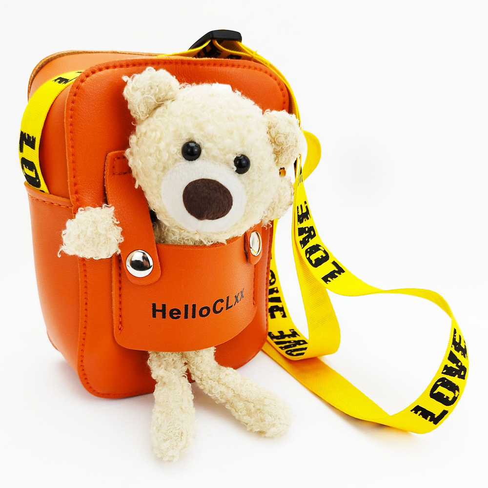 Детская сумочка на плечо с Мишкой, цвет - оранжевый / Сумка с мягкой игрушкой для девочки  #1