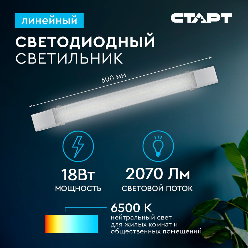 Светильник светодиодный линейный СТАРТ SMD призма 18Вт, 6500К, 60см  #1