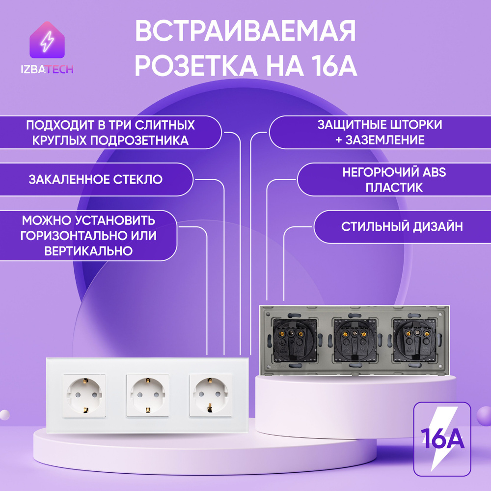 Тройная встраиваемая розетка белая на 3 поста 16А в рамке из закаленного стекла с заземлением и защитой #1