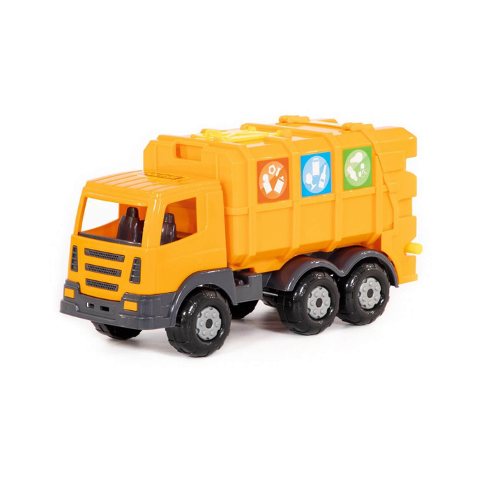 Оранжевый мусоровоз. Мусоровоз для детей. Зеленый мусоровоз. Автомобиль коммунальный Престиж (32x21,5x16,5см) 73211 Полесье 1/6. Малыш мусоровоз