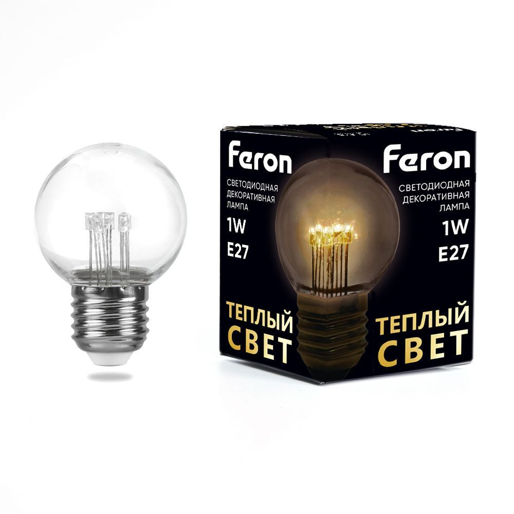 Лампа светодиодная, 1W 230V E27 2700K G45 прозрачая, LB-378, FERON, 1 шт.