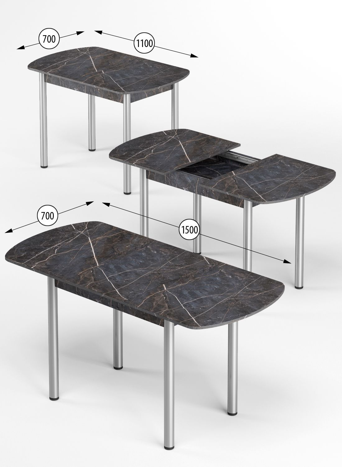 Стол обеденный кухонный раздвижной, раскладной. Прямоугольный стол отличное решение для небольшой кухни, столовой, гостиной, спальни, балкона. Благодаря компактным размерам, стол удобно разместится на небольшой кухне и на веранде. Прочный каркас стола и столешница изготовлены из надежного материала ЛДСП толщиной 16мм. Хромированные ножки можно регулировать по высоте (+/- 2 см), тем самым делая раздвижной стол устойчивым. Размеры кухонного стола в собранном виде 110х70 см, в разложенном виде 150х70 см, высота стола 76 см. Вкладная столешница 40х70 см располагается в подстолье стола. В разложенном виде можно разместить до 8 персон, складной стол трансформер на кухню прекрасно дополнит классический и лофт интерьер! Стол легко собрать самостоятельно. Каркас и столешница приходит в собранном виде, и вам остается только прикрутить ножки и по необходимости отрегулировать по высоте. Вся необходимая фурнитура и инструкция по сборке будет в комплекте со столом. Отличный выбор для вашего дома.