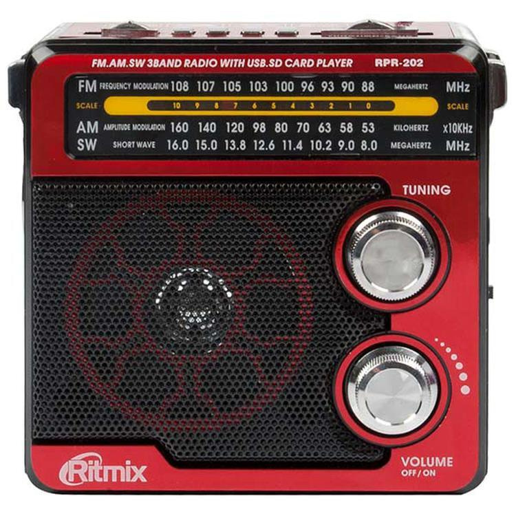Радиоприемник с фонарем Ritmix RPR-202 Red/красный, FM/AM/SW, USB/microSD/SD/AUX, фонарь, антенна, аккумулятор, #1
