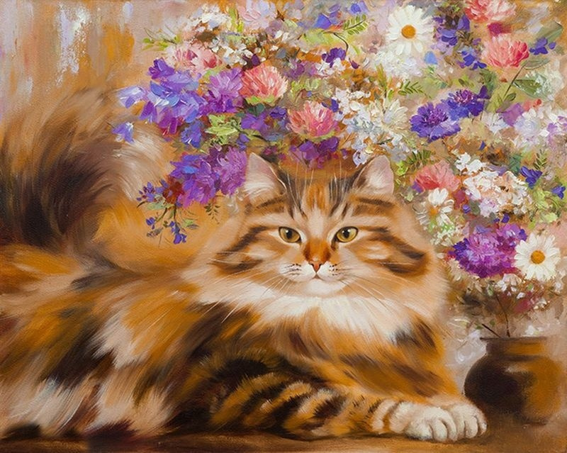 Картина по номерам на холсте 40х50 40 x 50 на подрамнике "Пушистый котик под букетом цветов" DVEKARTINKI #1