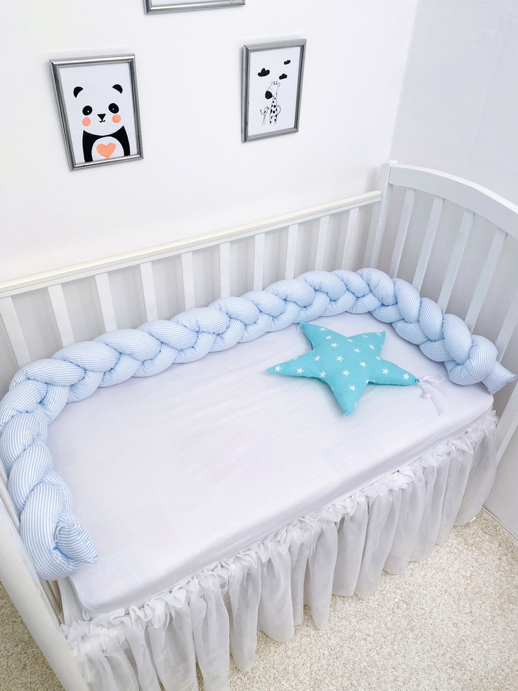 Бортик коса из хлопка 220 см. в детскую кроватку для новорожденного. Голубой. "Веселый дождик"  #1