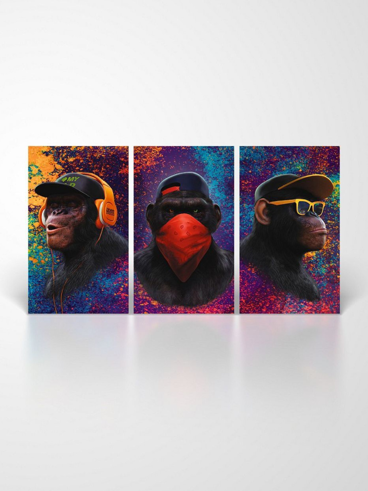 модульная картина для интерьера на стену, триптих из 3 частей, 3 обезьяны SWAG, в наушниках, маске и #1