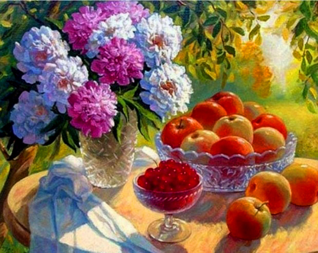 Картина по номерам на холсте 40х50 40 x 50 на подрамнике "Яблоки, вишни и букет пионов" DVEKARTINKI  #1