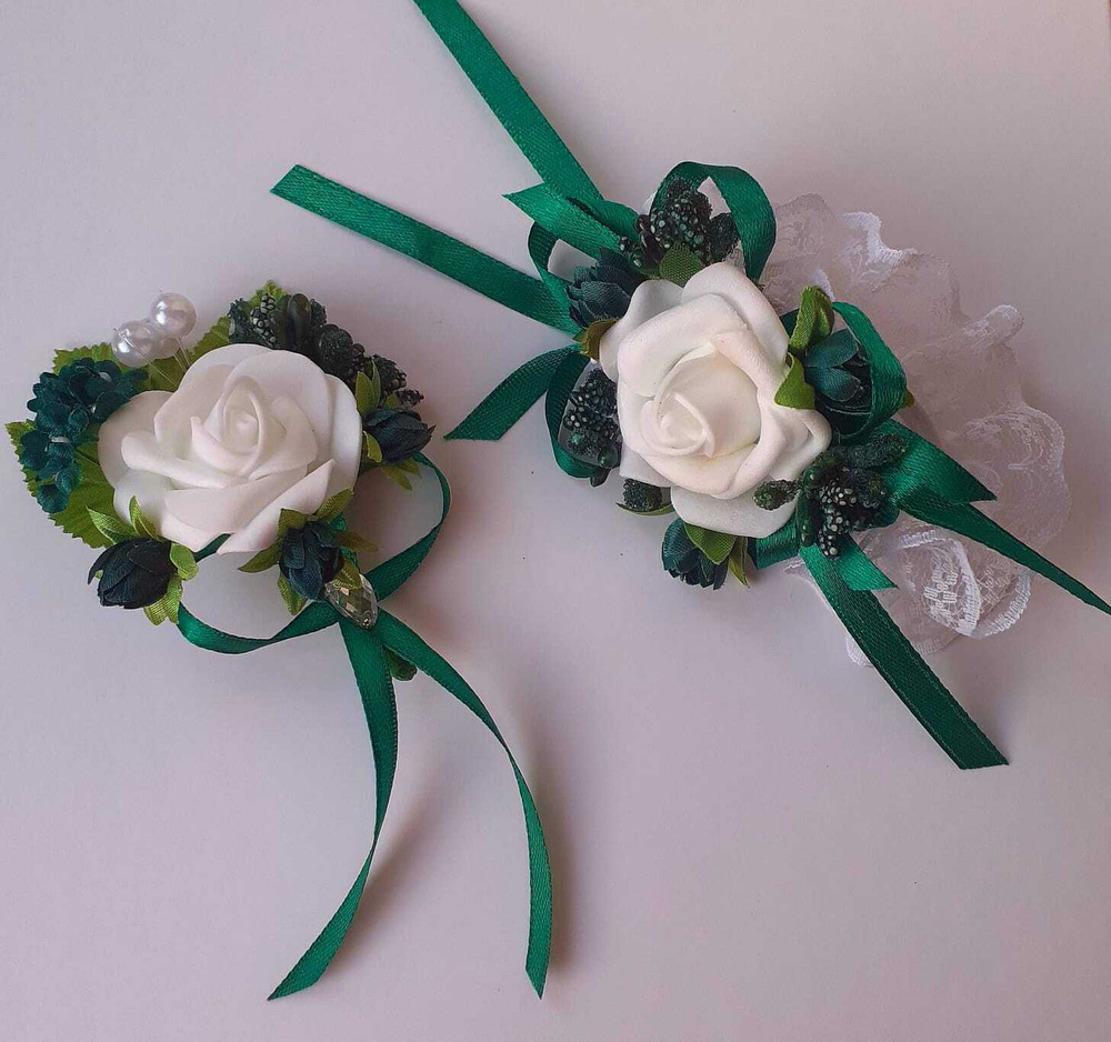 Комплект: бутоньерка и браслет для свидетеля и свидетельницы и для невесты и жениха в зеленом цвете  #1