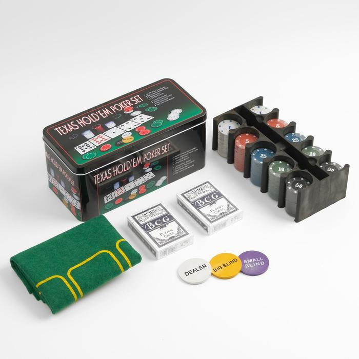 Покер, набор для игры, карты 2 колоды, фишки 200 штук, с номиналом, 60х90 см  #1