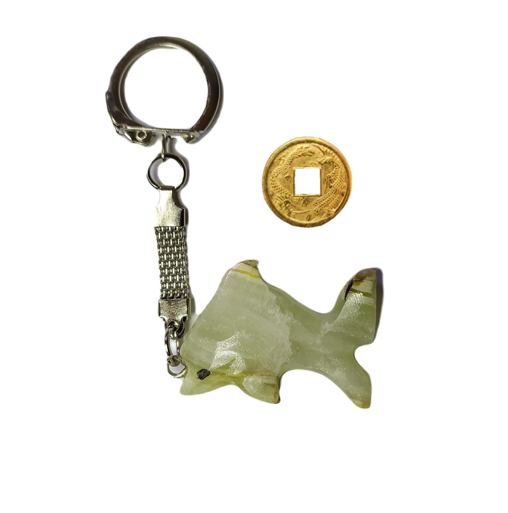 Брелок талисман "Дельфин" ELG из камня Оникс (4х3 см) + монета "Денежный талисман"  #1