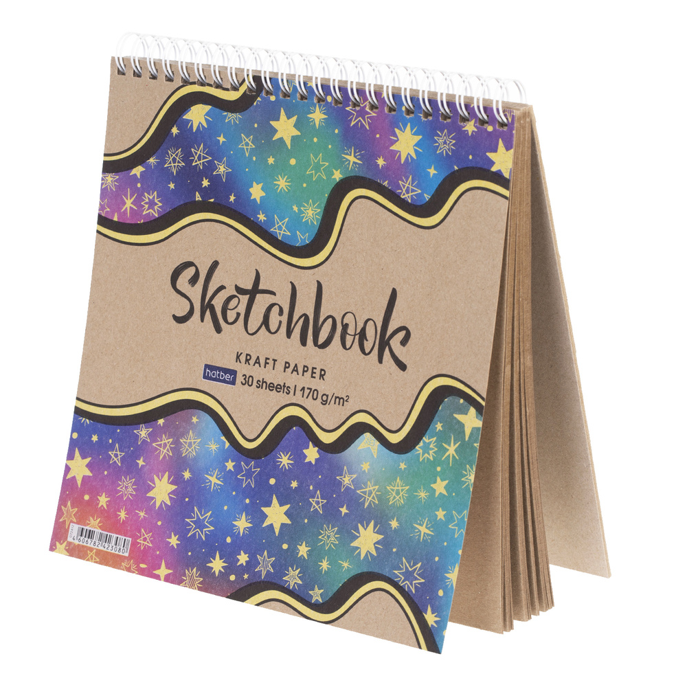 SketchBook Hatber Premium 30л А5ф 200х200мм КРАФТ 170г/кв.м без линовки жесткая подложка на гребне Сияние #1