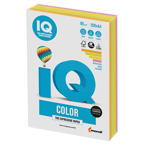 Бумага цветная IQ color, А4, 80 г/м2, 200 л., (4 цвета x 50 листов), микс неон, RB04  #1