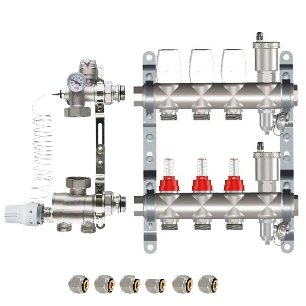КОМПЛЕКТ для ВОДЯНОГО ТЕПЛОГО ПОЛА ДО 50 кв/м Коллектор 3 контура  #1
