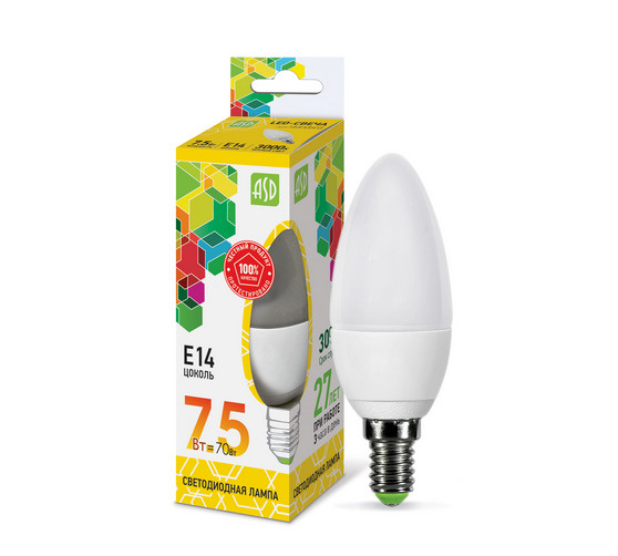 Лампочка Светодиодная ASD LED Свеча, 7.5 Вт E14 3000К, Теплый белый свет, 10ш.  #1