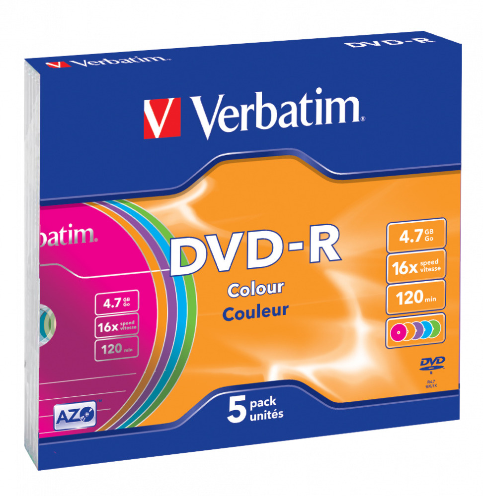 Диск DVD-R Verbatim 4.7Gb 16x Slim Color (5шт) 43557, AZO #1