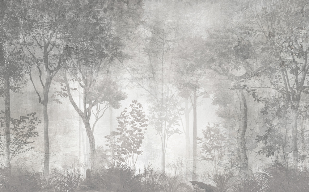 Фотообои GrandPik 26027 Лофт "Лес, деревья в тумане, винтаж, серые" (ШхВ), 400х250 см  #1