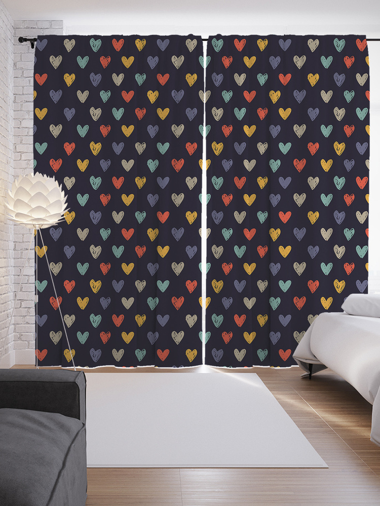 Фотошторы для кухни и спальни JoyArty "Нарисованные цветные сердца", 2 полотна со шторной лентой шириной #1
