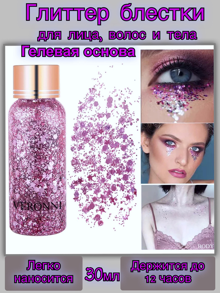 розовый глиттер гель, блестки для лица, волос и тела, глиттер для макияжа  #1