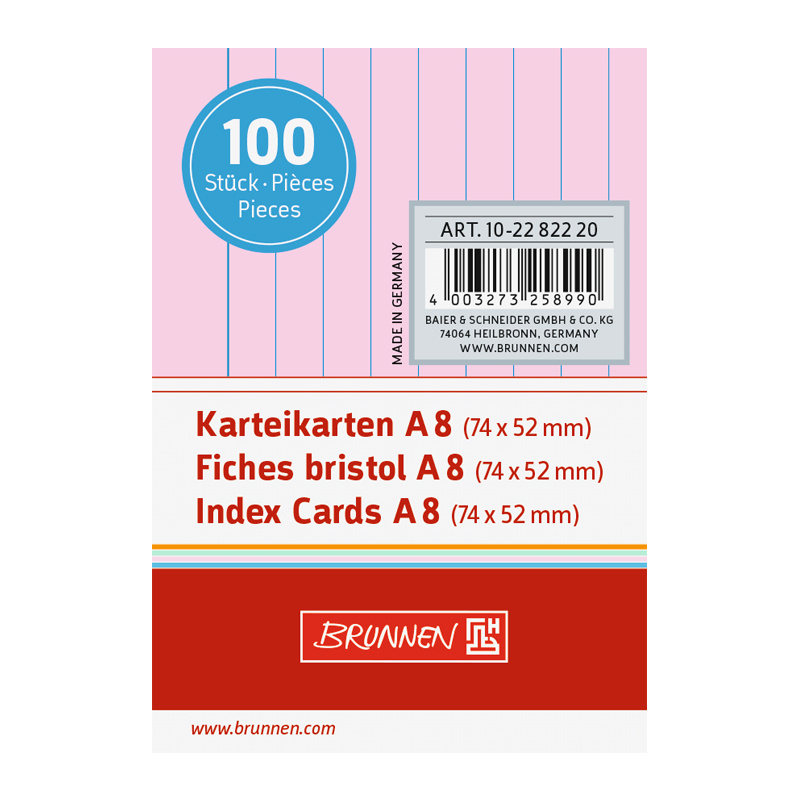 Карточки для картотеки Brunnen, линейка, 190 гр/м2, А8, 100 штук Розовый  #1