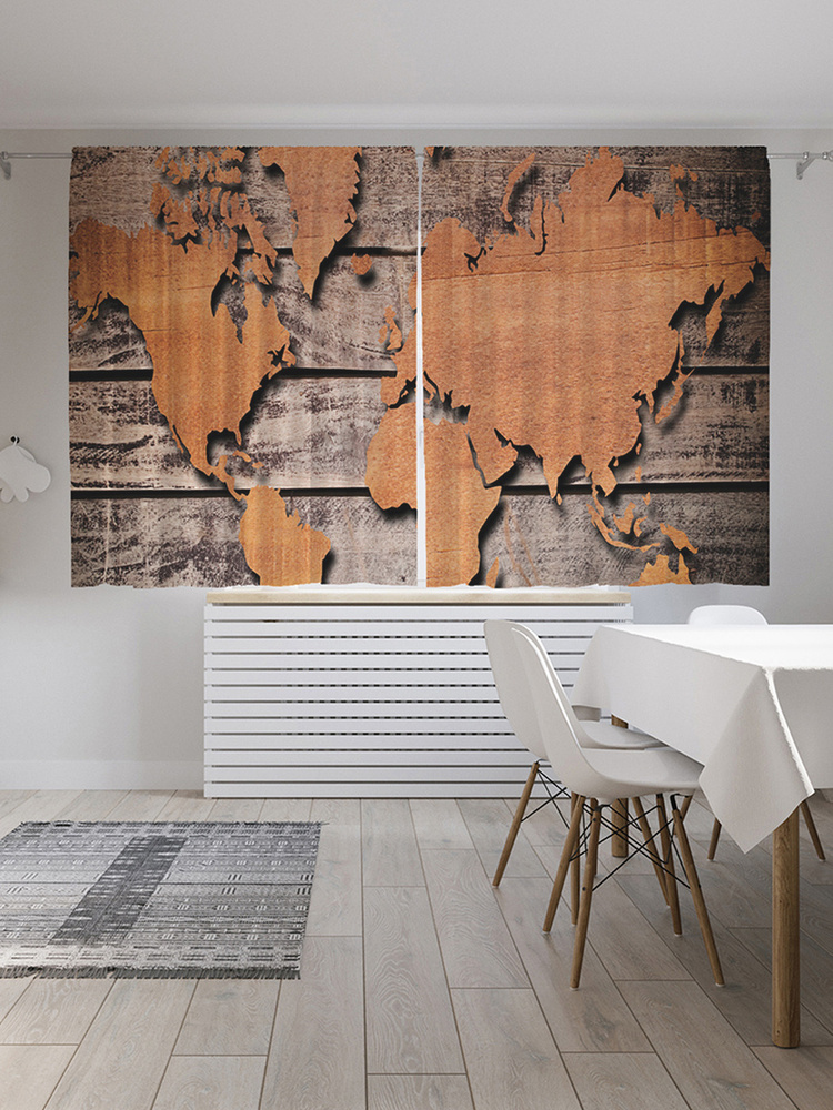 Фотошторы для кухни и спальни JoyArty "Деревянная карта мира", 2 полотна со шторной лентой шириной по #1