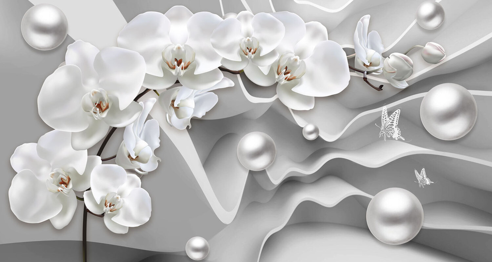 Фотообои GrandPik 4234 "Белые орхидеи на 3д абстрактном фоне", 450х240 см(ШхВ)  #1